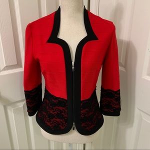Joseph Ribkoff Zip Jacket Red with Black Lace 10